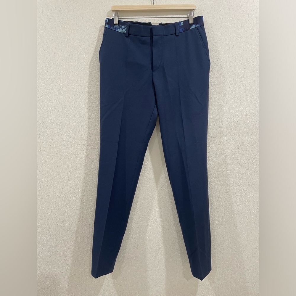 Alexander McQueen Men's Navy Dress Pants Size 52 100% Wool Silk Floral Waistband